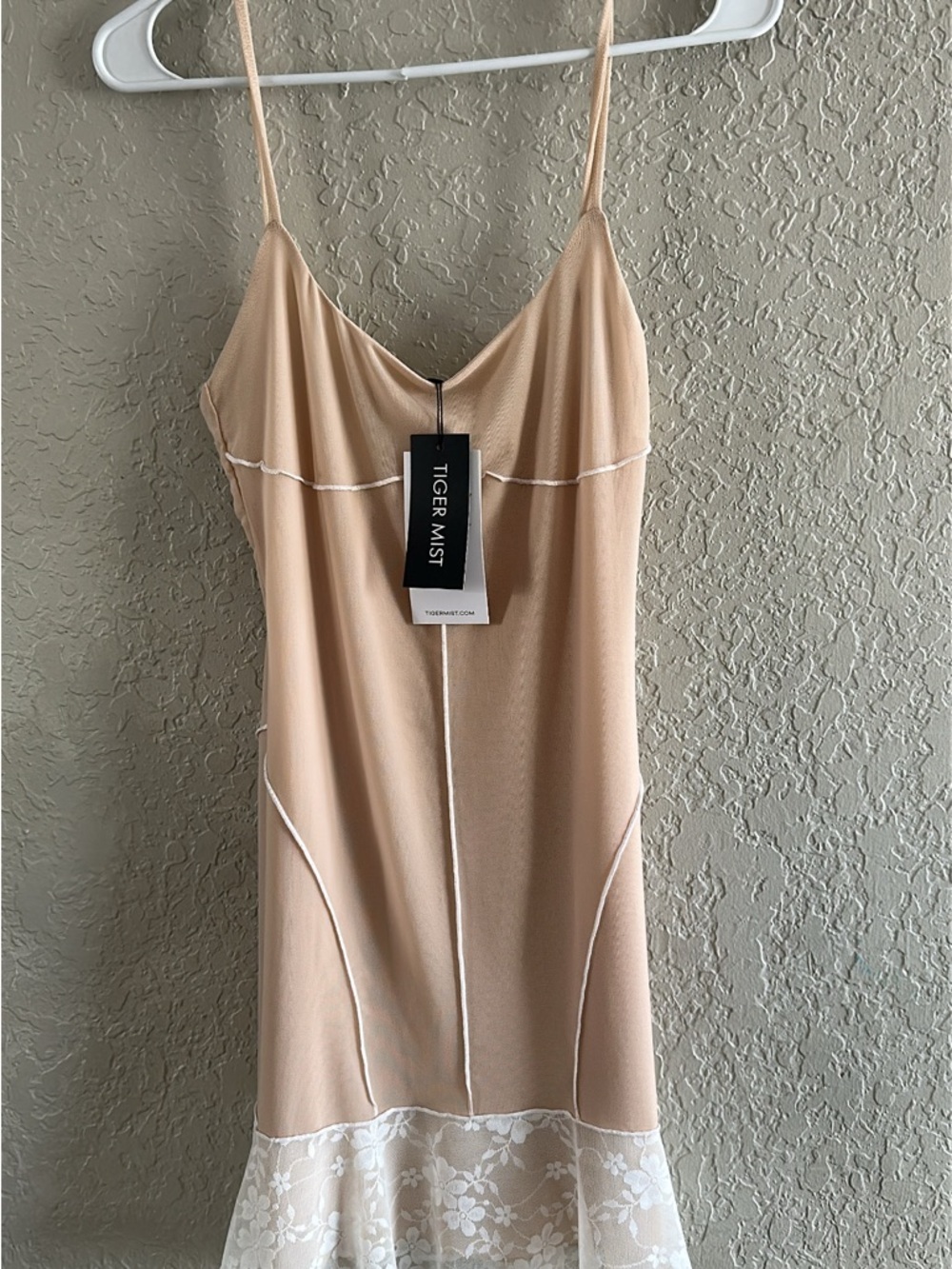 Tiger Mist Nude Slip Dress with White Lace Hem